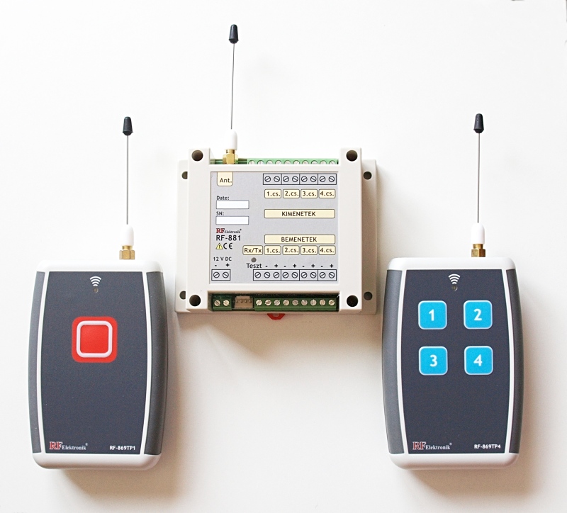 868 MHz-es, kétirányú, nagy távolságó távkapcsoló rendszer: RF-881 vevő, TK-869TP-1 és TK-869TP-4 adók